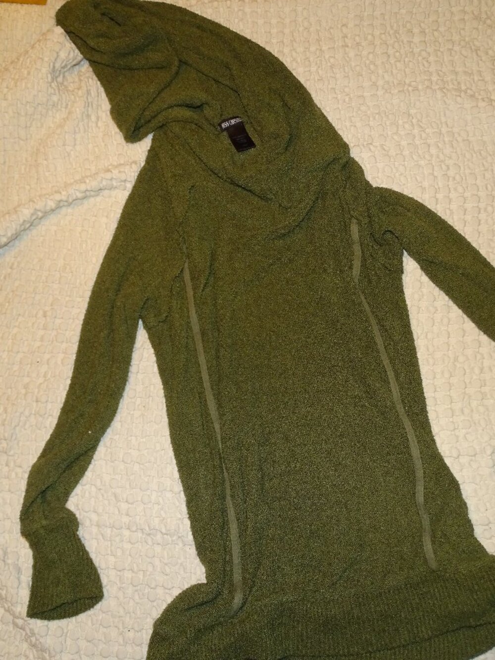 Y2K Miss Chievous Olive Green Fuzzy Hooded Sweater Tunic Long Sleeve Cozy Size L